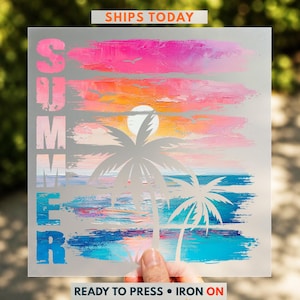 The image is a colorful and vibrant collage featuring a tropical beach scene with palm trees, a sunset, and a water body. The text "SHIPS TODAY" is prominently displayed, indicating that the image is related to shipping or transportation. The phrase "READY TO PRESS - IRON ON" suggests that the image is ready to be printed or ironed onto a surface.