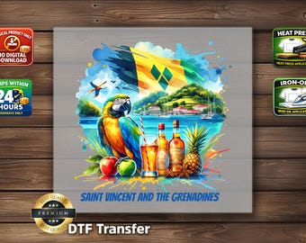 Saint Vincent and the Grenadines DTF Transfer: Island Flag Parrot Beach Print