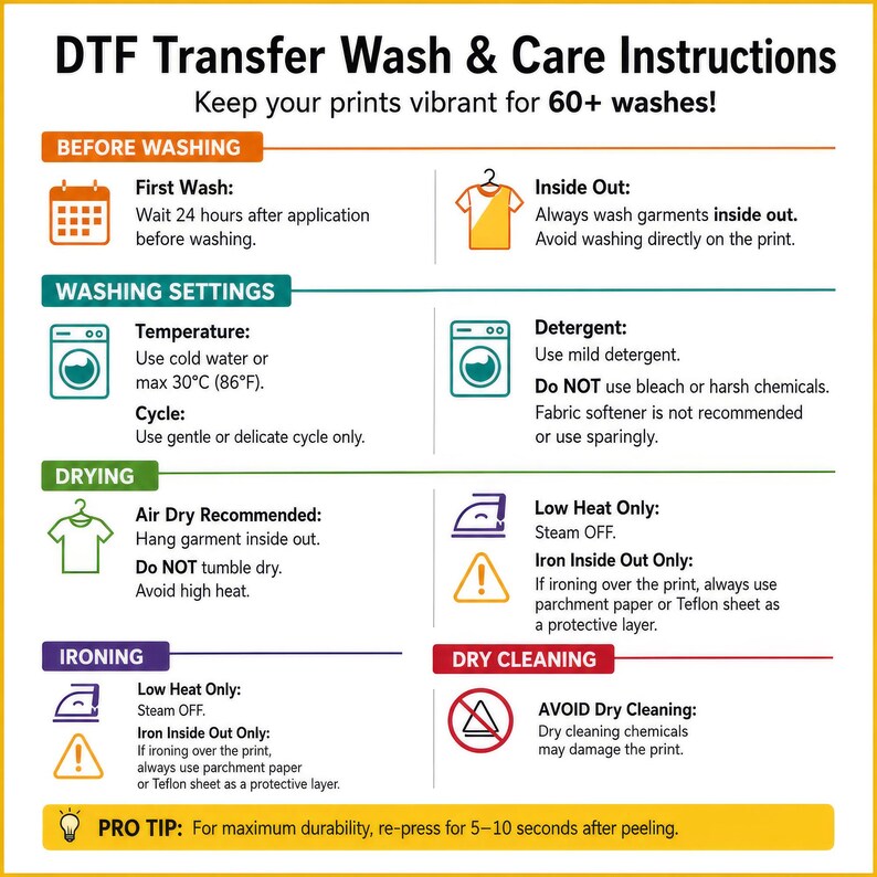 instructions for transferring wash and care instructions for a printer, providing guidelines on how to properly care for the printer to maintain its quality and longevity.