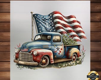 Vintage American Truck DTF Transfer: Patriotic Flag Design