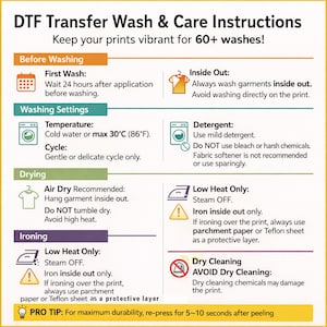 a set of instructions for transferring wash and care instructions for a printer wash, including details on how to properly care for the printer and maintain the printer's longevity.