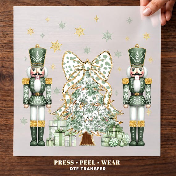 Green Nutcracker Christmas Tree DTF Transfer with Bow and Spotted Holiday Style Ready To Press