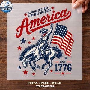 Transfert DTF Cowboy, drapeau Bronco vintage | Prêt à imprimer | Feuille patriotique américaine rouge, blanche et marine