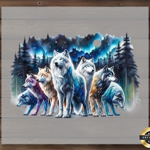 Aurora Wolves DTF Transfer: Northern Lights Iron-On Design