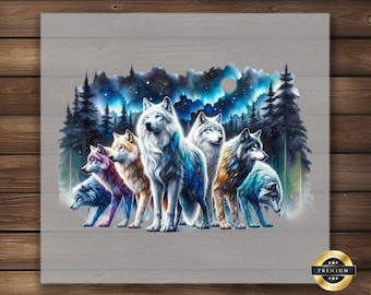 Aurora Wolves DTF Transfer: Northern Lights Iron-On Design