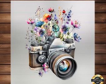 Camera with Wildflowers DTF Transfer: Photography Art