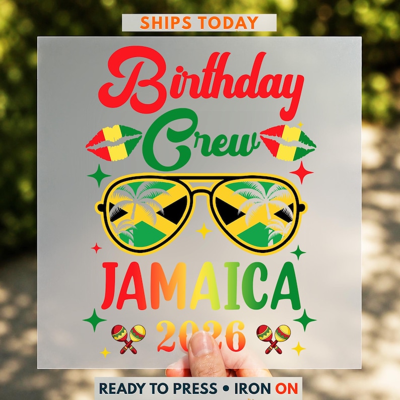 The image is a birthday card for someone named Jamaica, featuring a pair of sunglasses with a tropical island design, palm trees, and stars. The text on the card reads "Birthday Crew Jamaica 2006".