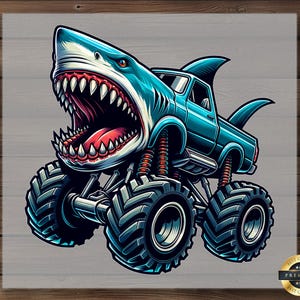 Shark Monster Truck DTF Transfer, Cool Offroad Vehicle Print, DIY Boys T Shirt, Ready to Press, Fun Cartoon Truck Design