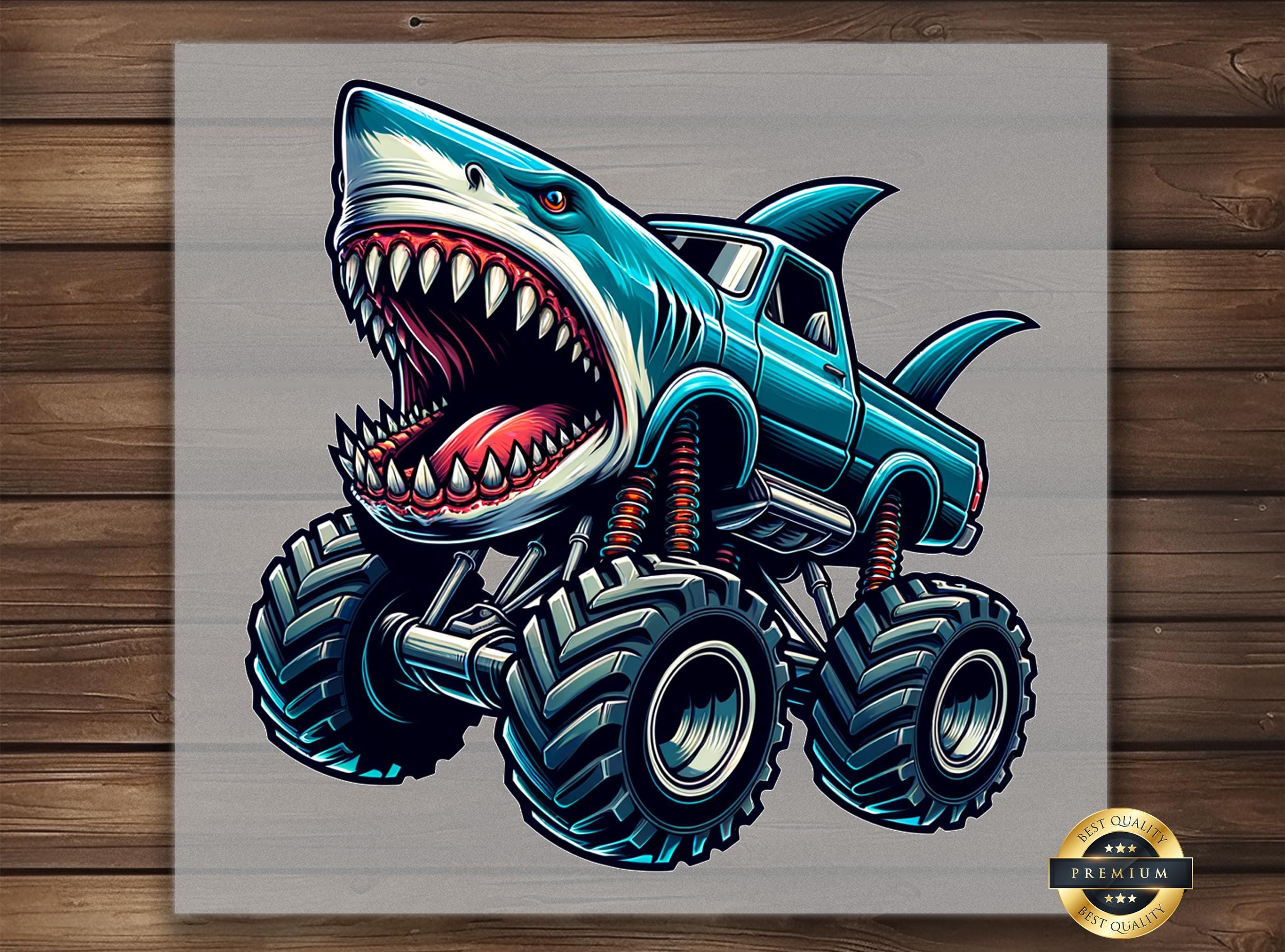 Transferencia DTF de Monster Truck Tiburón, Impresión genial de vehículo todoterreno, Camiseta DIY para niños, Lista para imprimir, Diseño divertido de camión de dibujos animados
