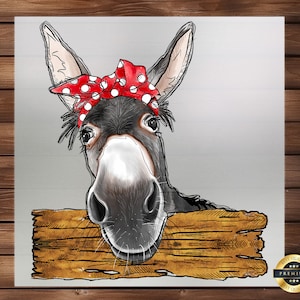 May include: A cartoon donkey with a red and white polka dot bandana peeking over a wooden sign. The donkey has a serious expression and is looking directly at the viewer.