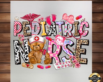 Pediatric Nurse DTF Transfer: Teddy Bear Floral Stethoscope Sublimation Graphic