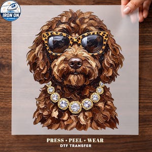 Cockapoo DTF Transfer, Glam Leopard Glasses | Jeweled Necklace Portrait | Ready To Press