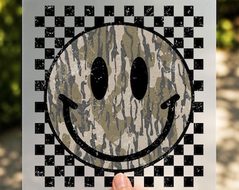 Camo Smiley Face DTF Transfer, Grunge Retro Shirt Design