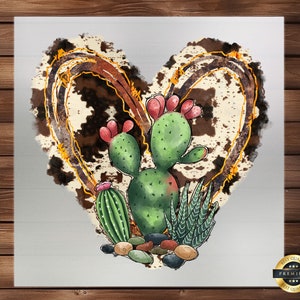 May include: A watercolor illustration of a heart-shaped cowhide pattern with a cactus plant in the center. The cactus is green with pink flowers and is surrounded by small green plants and rocks.