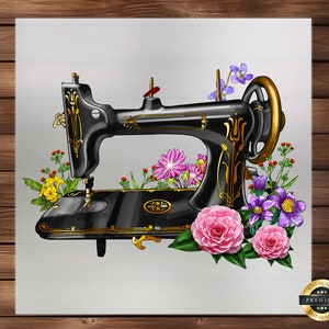 May include: A vintage black sewing machine with gold accents surrounded by colorful flowers. The machine has a decorative floral design on the side and a large gold spool holder.