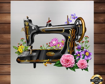 Floral Sewing Machine DTF Transfer: Vintage Craft Print