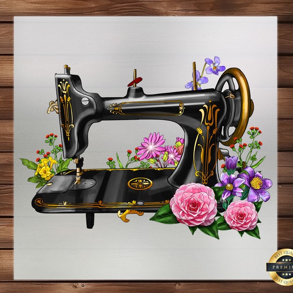 Floral Sewing Machine DTF Transfer, Add Vintage Charm to Your Crafts, Vibrant Print for Projects, Easy-to-Apply