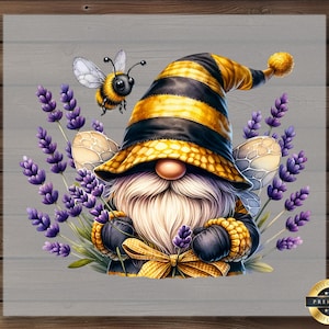 May include: A whimsical illustration of a gnome with a long white beard, wearing a black and yellow striped hat and gloves. A bee hovers nearby, and purple lavender flowers surround the gnome. The image is on a gray background.