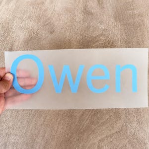 May include: A rectangular sheet of semi-transparent transfer paper featuring the name Owen printed in a bold, light blue sans-serif font. The letters are evenly spaced and centered on the clear adhesive backing, ready for application.