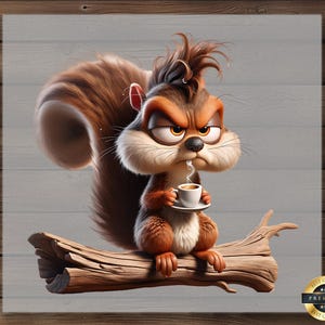 Grumpy Squirrel DTF Transfer, Funny Coffee Lover Print, Cute Woodland Animal Shirt, Ready to Press, DIY Heat Transfer, Wacky Pet Art
