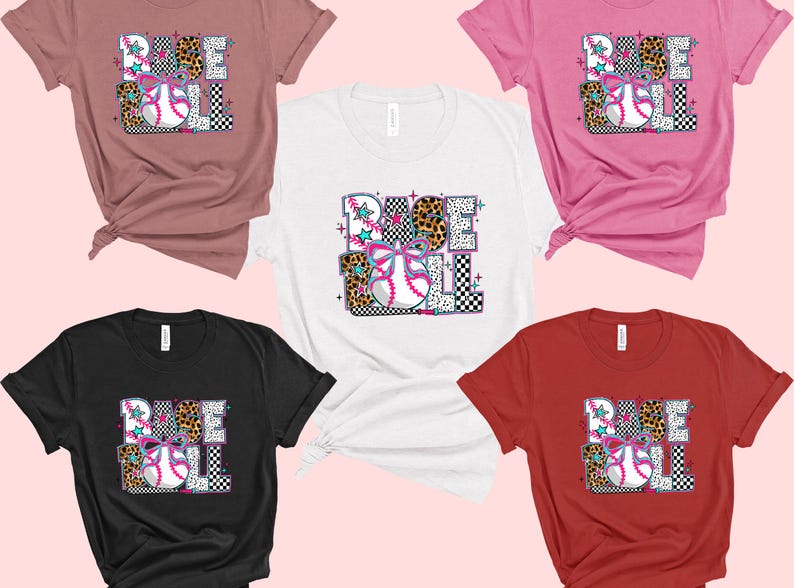 May include: Five different color t-shirts with the word "BASEBALL" in a colorful, patterned design. The shirts are in pink, white, black, red, and brown.