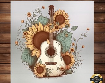 May include: A vintage-style illustration of an acoustic guitar with a white body and brown neck, surrounded by yellow sunflowers and green leaves. The image has a rustic, bohemian aesthetic.