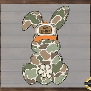May include: A cartoon bunny wearing a camouflage pattern and a hat that says "Egg Hunter".