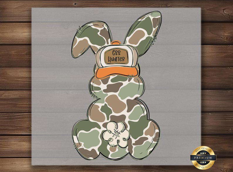 May include: A cartoon bunny wearing a camouflage pattern and a hat that says "Egg Hunter".