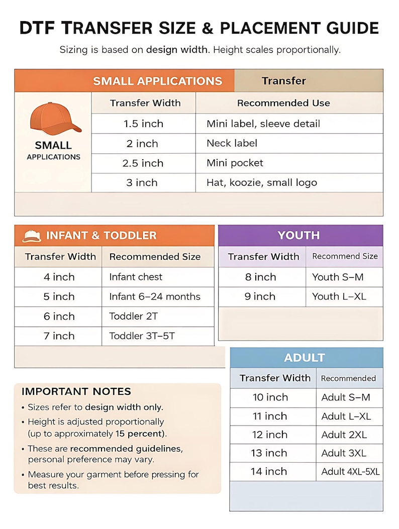The image is a guide for transferring sizes and placements, providing recommended sizes and placements for different age groups, such as infants and toddlers, and adults.