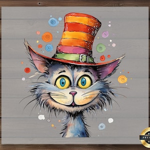 Whimsical Cat in Hat DTF Transfer, Colorful Feline Fantasy Print, Fun and Playful Cat Design, Ready To Press, DIY Cat Lover Shirt
