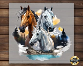 May include: Three horses stand together in a watercolor painting. The horses are in a snowy mountain landscape with a blue lake in the foreground. The horses are brown, white, and gray.