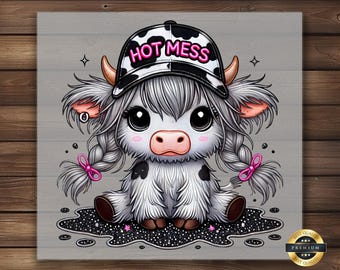 Hot Mess Highland Cow DTF Transfer: Braided Hair, DIY Shirt