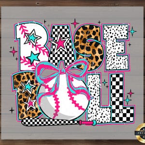 May include: A colorful graphic design featuring the word "BASEBALL" with a baseball, bat, and stars. The letters are decorated with leopard print, checkered patterns, and polka dots.