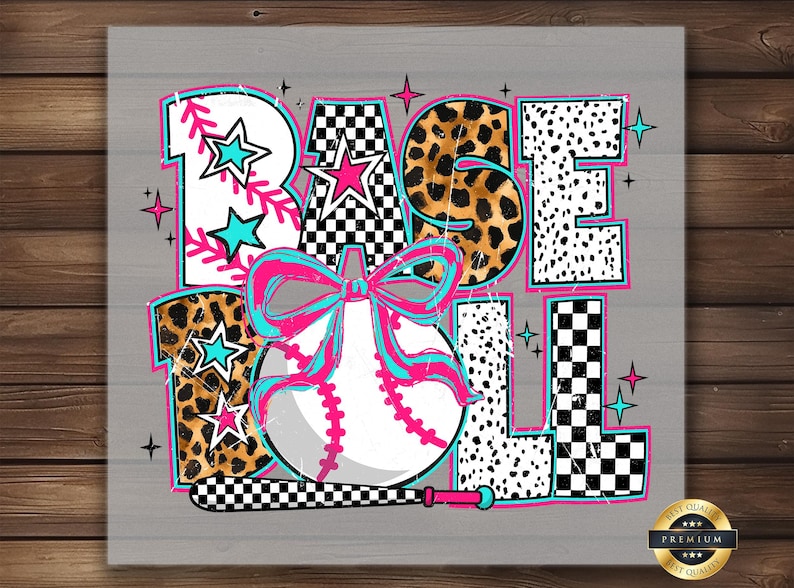 May include: A colorful graphic design featuring the word "BASEBALL" with a baseball, bat, and stars. The letters are decorated with leopard print, checkered patterns, and polka dots.