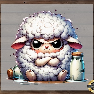 May include: A cartoon illustration of a white fluffy sheep with a grumpy expression. The sheep is sitting with its arms crossed and has a bottle of milk next to it.
