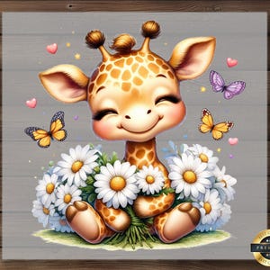 May include: A cute cartoon giraffe with a smiling face, sitting among white daisies and butterflies. The giraffe has brown spots and is surrounded by pink hearts. The image has a soft, whimsical style, perfect for children's decor.