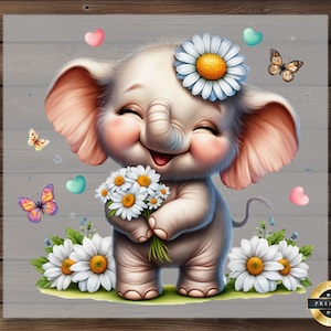 Cute Elephant DTF Transfer, Smiling Baby Elephant with Daisies and Hearts, Ready to Press Adorable Spring Animal Shirt Print