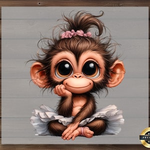 Monkey Ballerina Dtf Transfer, Adorable Baby Monkey in Pink Tutu and Ballet Shoes, Big Eyed Animal Design, Ready to Press Iron-On