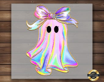 Rainbow Ghost DTF Transfer, Sparkly Bow Halloween Ready To Press Iron On