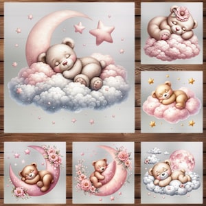 Sleepy Baby Teddy Bear DTF Transfer, 6 Different Designs, Cute Bedtime Graphics, Iron on Decal, Ready Press, Custom Kids Apparel, DIY Craft