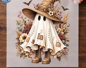 Witch Hat Ghost DTF Transfer for Halloween with Boots and Flowers Ready To Press