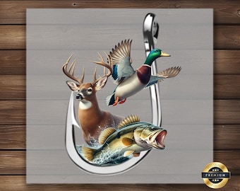 Hunting Fishing Hook DTF Transfer: Deer, Duck, Bass Design