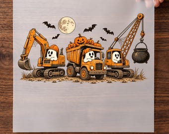 Construction Halloween DTF Transfer for Boys and Spooky Trucks Ready To Press