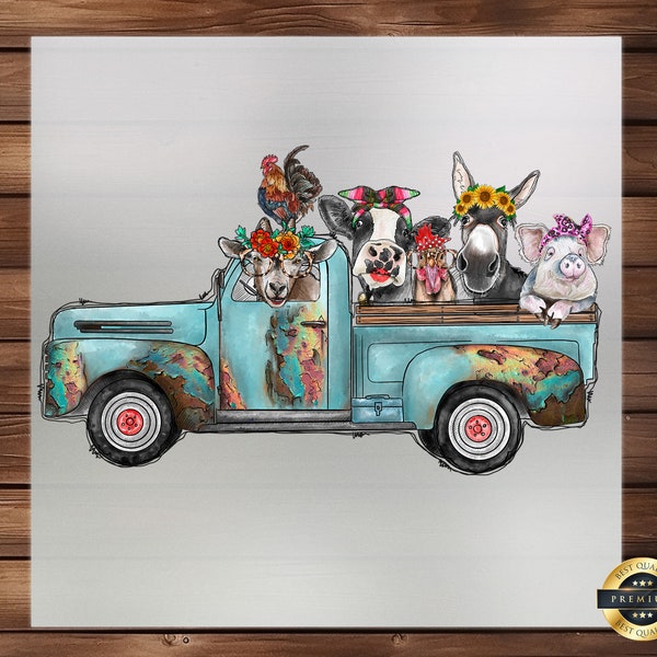 Farm Animals Truck DTF Transfer - Classic Farmer and Farm Theme, Rustic Iron-On Design for Apparel and Crafts, Countryside Inspired