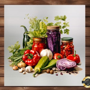 May include: A still life featuring a variety of fresh produce and preserved foods.  The image includes red bell peppers, green zucchini, a red onion, garlic, and jars of preserved vegetables.  The jars are filled with red and purple vegetables.