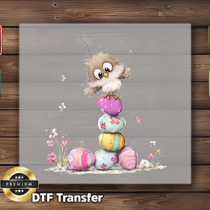 May include: A whimsical illustration features a cartoon owl perched atop a stack of colorful Easter eggs. The eggs are decorated with floral and striped patterns. The image includes the text "DTF Transfer".