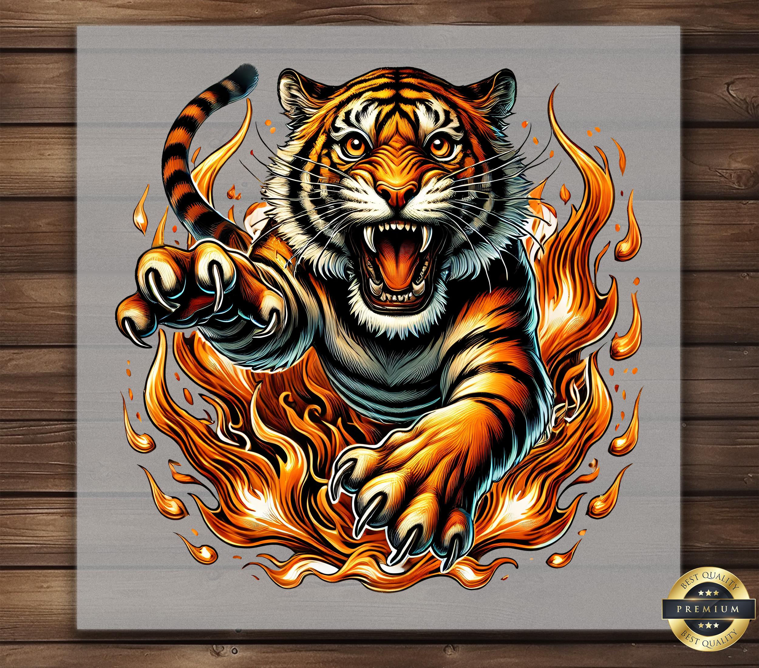 Flaming Tiger Head DTF Transfer: Bold Iron-On Mascot Decal