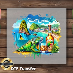 May include: A colorful DTF transfer featuring a tropical scene with the text "Saint Lucia". The design includes an iguana, a bottle of rum, a glass of whiskey, and a flag. The image is suitable for heat press and iron-on applications.