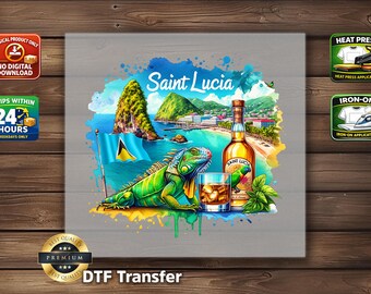Saint Lucia DTF Transfer: Pitons Mountain Flag Iguana Faux Stone Effect Printed Design Element