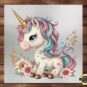 May include: A cute cartoon unicorn with a gold horn, pink and blue mane, and a white body with gold glitter. The unicorn is sitting on a bed of pink and blue flowers with gold accents.